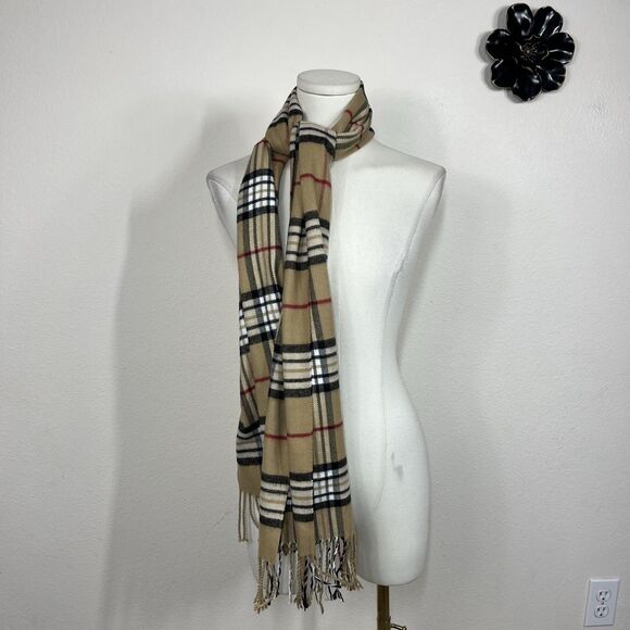 Source Unknown Accessories - Plaid Cashmere Scarf Womens One Size Beige Fringe Rectangle Germany Cozy Winter